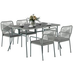 Outsunny 5 Piece Wicker Garden Dining Set, PE Rattan Garden Furniture Set with 4 Stackable Chairs, Tempered Glass Top Table and Cushions, Outdoor Table and Chairs for Patio, Conservatory, Light Grey