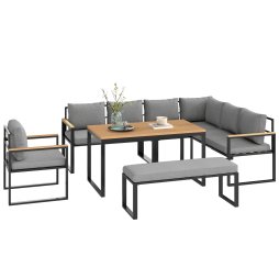 Outsunny 6 Piece L Shaped Garden Furniture Set, 9 Seater Outdoor Corner Sofa Set with 3 Loveseats, Bench, Chair, Wide and Deep Seats, WPC Top Coffee Table, Thick Cushions, Natural Wood Finish