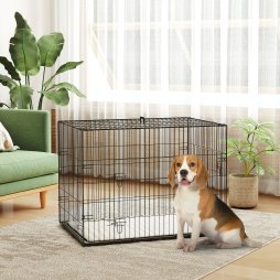 PawHut Dog Crate, Folding Metal Dog Cage with Two Doors, Tray, Soft Cushion, for Large Dogs, 91 x 62 x 68 cm, Black