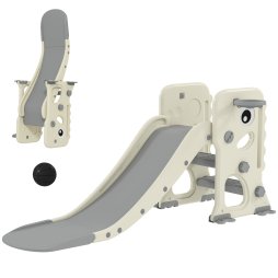 AIYAPLAY 3-in-1 Kids Slide, Foldable Dinosaur Shape Toddler Slide with Climber, Basketball Hoop and Ball, Indoor Playground Equipment for Ages 2-5, Cream White