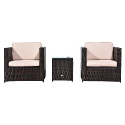 Outsunny 3 Pieces Rattan Bistro Set, Wicker Garden Furniture Set with Glass Top Coffee Table and Chairs, Thickened Washable Cushions for Outdoor, Patio, Balcony, Brown