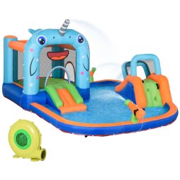 Outsunny 5 in 1 Kids Bouncy Castle Narwhals Style Inflatable House with Slide Trampoline Pool Water Gun Climbing Wall with Inflator Carrybag, 4.2 x 3.7 x 2.3m