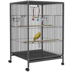 PawHut Bird Cage, Budgie Cage, Parrot Cage, with Rolling Stand, Stainless Steel Bowls, Swings, Removable Tray for Small Parrot, Budgie, Lovebird - Grey