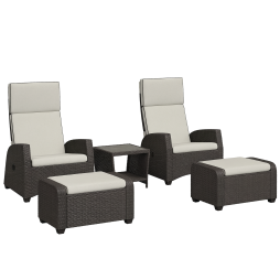 Outsunny 5 Pieces PE Rattan Garden Furniture Set, Wicker Outdoor Furniture Set with Reclining Chairs, Coffee Table, Footstools and Thick Cushions for Balcony, Patio, Brown
