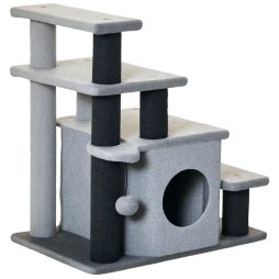 PawHut Dog Steps for Bed, 4 Step Pet Stairs with Cat House, Detachable Cover, Jute Scratching Post, Cat Climb ladder for Sofa w/ Hanging Balls  - Grey