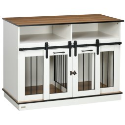 PawHut Dog Crate Furniture for Small and Large Dogs w/ Movable Divider, Dog Cage End Table with Shelves, Sliding Doors, 120 x 60 x 88.5cm, White