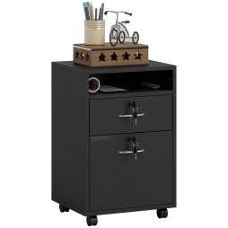 HOMCOM 60cm Filing Cabinet with Drawer, Open Shelf, Metal Handles and 4 Wheels, Office Home Organiser Mobile Printer with Two Locks