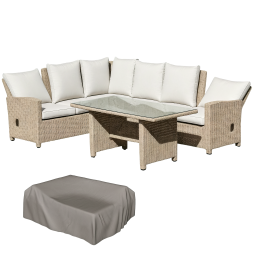 Outsunny 5 PCS Reclining PE Rattan Garden Dining Set Bonzer Patio Furniture w/ Sofa Chairs Glass Table, Olefin Cushions Adjustable Feet Stylish Lounge Conversation