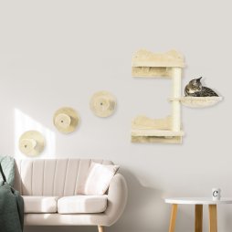PawHut 4 Piece Cat Shelves Cat Wall Furniture Wall-Mounted Cat Tree for Indoor Cat w/ Hammock, Steps, Platforms, Scratching Post - Beige