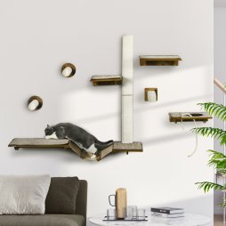 PawHut 8Pcs Cat Shelves, Cat Wall Furniture with Scratching Posts, Perches, Ladder, Wall Mounted Cat Tree for Sleeping, Playing, Lounging - Brown