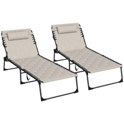 Outsunny 2 Piece Foldable Sun Lounger Set with 5-level Reclining Back, Outdoor Tanning Chairs Sun Loungers with Build-in Padded Seat, Side Pocket, Headrest for Beach, Patio, Khaki