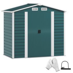 Outsunny 7 x 4ft Garden Shed, Easy to Assemble, Upgraded Galvanised Steel Frame with Foundation Kit, Double Doors with Lock, Outdoor Metal Shed with Vents and Gloves, Garden Storage Shed, Green