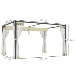 Outsunny 3 x 4 m Pergola with Retractable Roof Canopy and Netting Sidewalls, Aluminium Frame Garden Gazebo Outdoor Sun Shade Shelter for Grill, Patio, Deck, Khaki