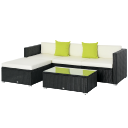 Outsunny 5 Pieces PE Rattan Garden Furniture Set with Cushions, Outdoor Corner Sofa, Patio Sectional Conversation Furniture Sets with Glass Top Coffee Table, Black