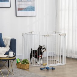 PawHut Pet Safety Gate, 5 Panels Playpen Fireplace, Metal Fence, Stair Barrier, Room Divider w/ Walk-Through Door - White
