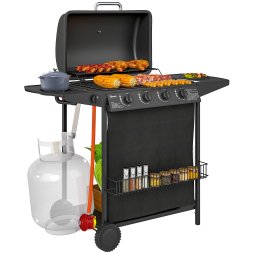 Outsunny 4+1 Burner Gas BBQ Grill, Portable Gas Barbecue Grill with Built-in Thermometer, Lid, Side Table, Shelf, Spice Rack, Wheels, Grease Cup for Garden Party Outdoor Cooking, Black