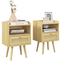 HOMCOM Bedside Tables Set of 2, Boho Styled Nightstand with Drawer, Storage Compartment and Rattan Accent, Side End Table for Bedroom, 40 x 30 x 60cm, Natural Wood Finish