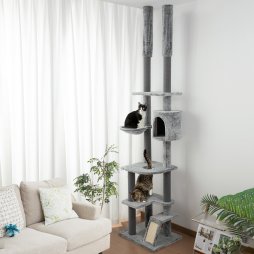 PawHut Floor to Ceiling Cat Tree, 225-255cm Height Adjustable Large Cat Tower 6 Levels Activity Centre for Indoor Cats with Cat Scratching Posts Ramp, Condo Hammock, Play Balls - Grey