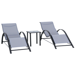 Outsunny 3 Pieces Sun Lounger Chair Set, Metal Frame Garden Outdoor Sunbathing Chair with Side Table and Armrest, Light Grey