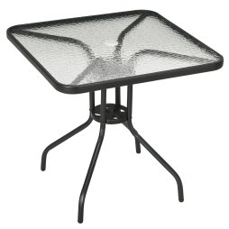 Outsunny 76 cm Square Dining Table with Parasol Hole, Outdoor Coffee End Side Table with Tempered Glass Top, Steel Frame for Garden, Patio, Black