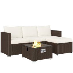 Outsunny 5 Piece Rattan Garden Furniture Set with Gas Fire Pit Table, 4 Seater Outdoor Sectional Sofa Set with Footstool and Removable Cushions, Modular Combination, Brown and Cream White