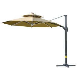 Outsunny 3(m) Cantilever Roma Parasol with LED Solar Lights, Crank & Tilt, Aluminium Frame, Cross Base and Adjustable Canopy 360° Rotating Sun Umbrella with 2-Tier Shade, Beige