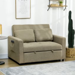 HOMCOM 2 Seater Sofa Bed, Convertible Bed Settee, Modern Fabric Loveseat Sofa Couch with 2 Cushions, Side Pockets for Living Room, Guest Room, Light Brown
