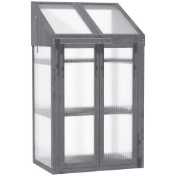 Outsunny Wooden Cold Frame Polycarbonate Greenhouse with Openable Top Cover and Double Door, Grow House for Flower, Vegetable and Plants, 70 x 50 x 120cm, Grey