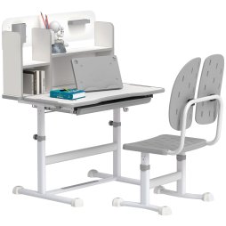 AIYAPLAY Kids Desk and Chair Set, Height Adjustable Children School Study Desk, Student Writing Desk with Tiltable Desktop Drawer, Pen Slot, Reading Rack for Ages 3-13 Years, Grey