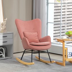 HOMCOM Velvet Rocking Chair with Lumbar Pillow, Rocker Armchair with Metal Legs and Wood Base for Living Room, Bedroom, Pink