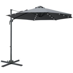 Outsunny 3(m) Cantilever Roma Parasol Patio Sun Umbrella with Crank & Tilt LED Solar Light Cross Base 360 Rotating Outdoor, Dark Grey