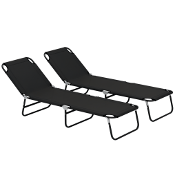 Outsunny Foldable Sun Lounger Set of 2 with 5-Position Adjustable Backrest, Outdoor Portable Recliner Chaise Lounge Chair with Breathable Mesh Fabric, Black