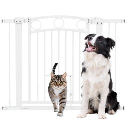 PawHut Stair Gate, 77cm Extra Tall Dog Gate with Adjustable Width, 76-104cm Pressure Fit Safety Gate with Cat Door, 7cm and 14cm Extensions, for Stairs, Doorways, Easy Installation, White
