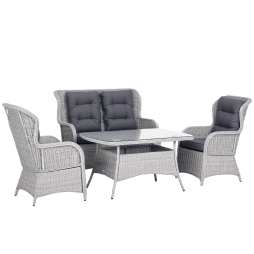 Outsunny Garden PE Rattan Dining Sofa Set, Outdoor 4 Seater Wicker Furniture, High Back Chairs with Cushions, Tempered Glass Coffee Table for Patio, Mixed Grey