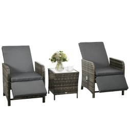 Outsunny 3 Pieces Garden Rattan Bistro Set with Adjustable Backrest, Balcony Conversation Furniture Set with 2 Armchairs Tempered Glass Coffee Table, Cushions, Storage Function - Mix-Grey