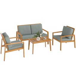 Outsunny 4 Pieces Garden Furniture Set with Cushions, Wooden Garden Sofa Set with 1 Loveseat, 2 Armchairs and 1 Coffee Table, Outdoor Table and Chairs for Conservatory, Balcony, Patio, Teak