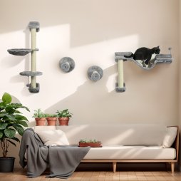 PawHut 4Pcs Wall Mounted Cat Shelves, with Hammock, Perches, Ladder, Scratching Post, Cat Wall Furniture for Large Cats, Grey