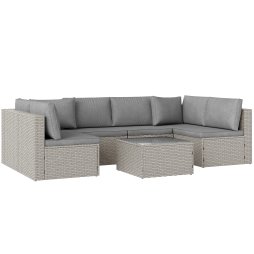 Outsunny 7 Pieces Rattan Garden Furniture Set, 6 Seater Garden Corner Sofa with Wide Seat, Cushions and Glass Top Table, Sectional Outdoor Furniture Conservatory Set for Patio, Grey