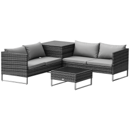 Outsunny 4 Seater Rattan Corner Sofa Set, Wicker Rattan Garden Furniture Set with Loveseats, Tables, Cushions for Outdoor, Patio, Grey
