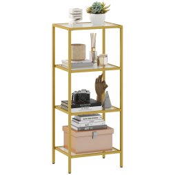 HOMCOM 4-Tier Shelving Unit, Modern Glass Shelf, Bookshelf, Storage Rack for Living Room, Home Office, Bedroom, Bathroom, 40 x 30 x 97 cm, Gold Tone