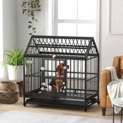 PawHut 48" Heavy Duty Dog Crate, Indoor Outdoor Dog Cage on Wheels with Locks, Removable Tray, Openable Top, 2 Doors, for Large and Extra Large Dog - Black