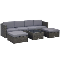Outsunny 7Pc Rattan Garden Furniture Wicker Sofa & Coffee Table Set Patio Furniture Outdoor with Cushions Grey
