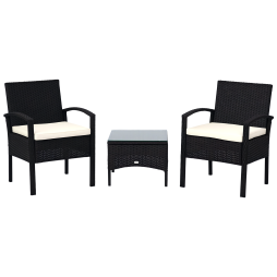 Outsunny 3 Pieces Rattan Bistro Set, Wicker Garden Furniture Set with Glass Top Coffee Table and Chairs, Washable Cushions for Outdoor, Patio, Balcony, Black