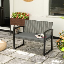 Outsunny 2 Seater Rattan Garden Bench, Outdoor Bench with Cushion, PE Wicker Garden Loveseat with Armrests, Galvanised Steel Frame for Patio, Park, Dark Grey