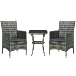 Outsunny 3 Pieces Rattan Bistro Set, Wicker Garden Furniture Set with 2-Tier Coffee Table and Chairs, Washable Cushions, for Outdoor Patio Balcony, Mixed Grey