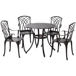 Outsunny 5 Pieces Garden Dining Set for 4, Cast Aluminium Outdoor Dining Set with 4 Armchairs and Round Dining Table with Parasol Hole, Garden Furniture Set, Brown