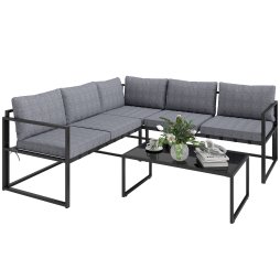 Outsunny 3 Piece L Shaped Garden Furniture Set with Cushions, Garden Corner Sofa Set with 3-Seater Sofa, Loveseat and Tempered Glass Top Table for Outdoor, Grey