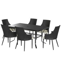 Outsunny 6 Seater Rattan Dining Set with Cushions, Garden Furniture Set with Armchairs, Rectangle Slatted Table Top, Steel Frame, Parasol Hole, Wicker Outdoor Furniture for Patio, Balcony, Cream White