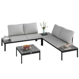 Outsunny 4 Piece L Shaped Garden Furniture Set, 4 Seater Garden Corner Sofa Set, 2 Loveseats with Removable Backs, 2 Wood-Plastic Coffee Tables and Thick Cushions for Outdoor, Grey