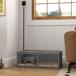 PawHut Wooden Hamster Cage, Small Animal Cage with Sliding Tray, Openable Top, Hut, Exercise Play House for Syrian Hamsters, Grey